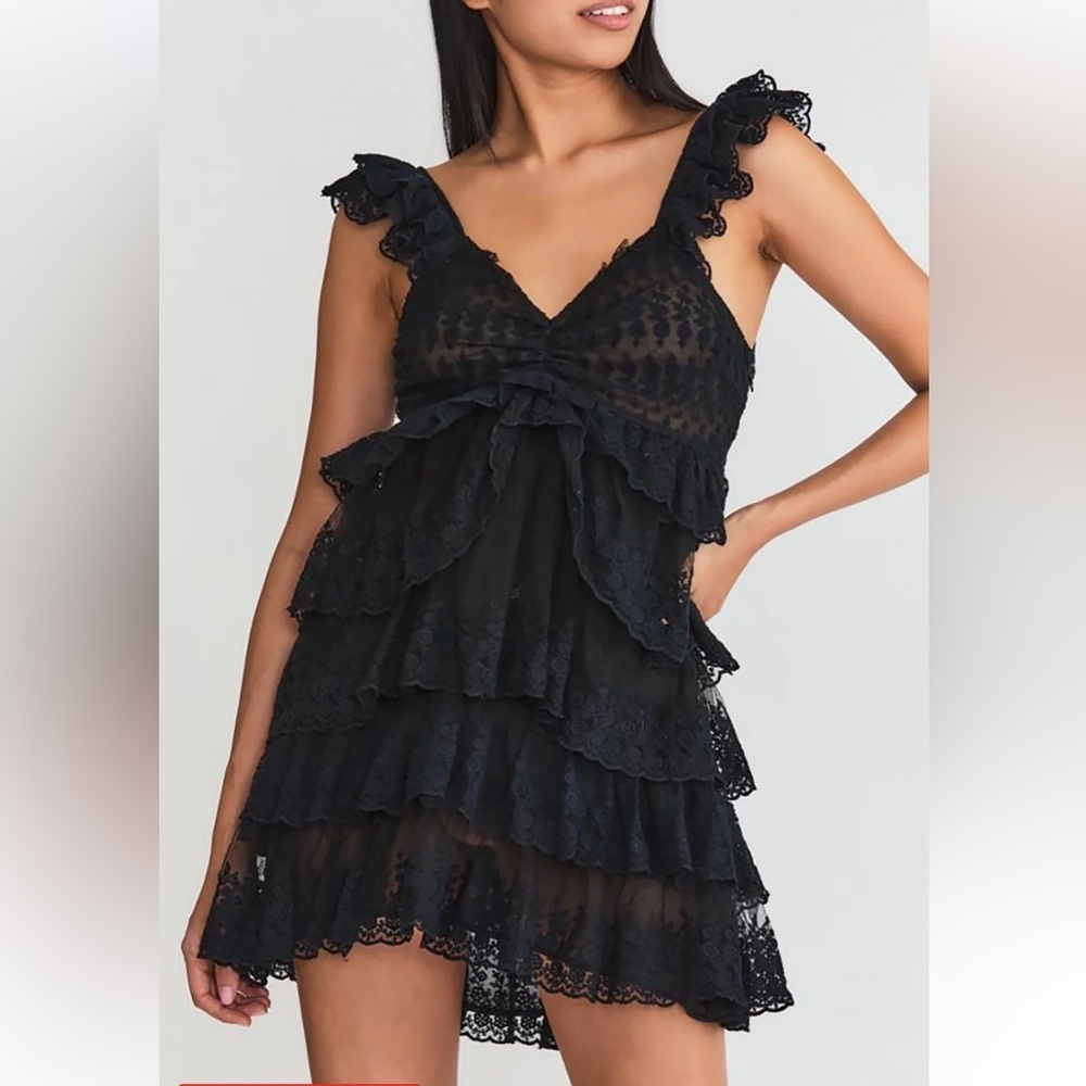 LoveShackFancy Federica Black Lace Lace Ruffle Mini Dress